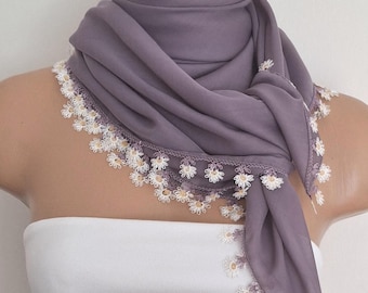 Purple Cotton Scarf: Daisy Needle Lace Oya, Vintage Style