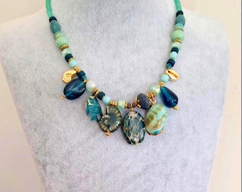 Green Stone Beaded Choker Necklace: Boho Beach Jewelry with Ocean Charms