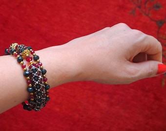 Green Beaded Wrap Bracelet: Red & Antique Gold Boho Accessory