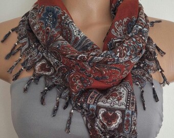 Red Paisley Fringed Scarf: Boho Ethnic Shawl