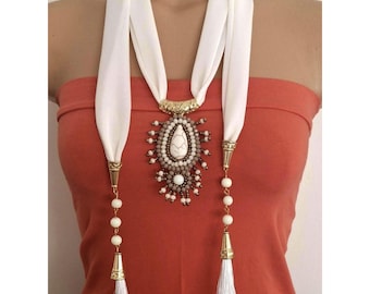 Handmade White Scarf Necklace: Stone Bead Tassel, Boho Chic Jewelry