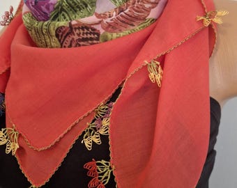 Red Cotton Needle Lace Scarf: Turkish Oya Yazma, Boho Floral Tulbent