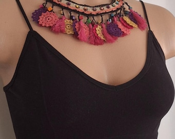 Handmade Crochet Tassel Necklace: Boho Beaded Oya Lace
