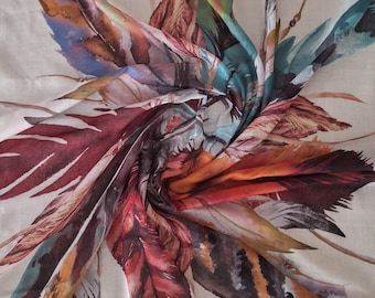 Colorful Feather Pattern Cotton Scarf: Fringed Boho Accessory