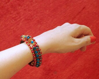 Red Beaded Wrap Bracelet: Boho Chic Glass Bead Jewelry
