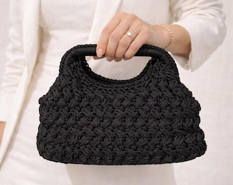 Handmade Black Macrame Purse, Boho Lined Handbag, Lightweight Accessory