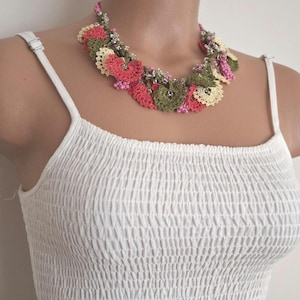 Handmade Floral Crochet Necklace: Beaded Bohemian Lace Jewelry