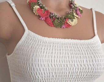 Handmade Floral Crochet Necklace: Beaded Bohemian Lace Jewelry