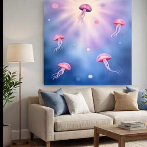 May include: A canvas art print featuring a vibrant illustration of several pink jellyfish floating in a blue and purple gradient background. The jellyfish have long, flowing tentacles and are set against a backdrop of soft light and bokeh effects. The artwork is displayed above a beige sofa.