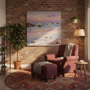 May include: A living room with a beach scene painting, a burgundy armchair and ottoman, and a patterned rug. A floor lamp and potted plants create a warm atmosphere. The painting depicts a sunset over the sea.