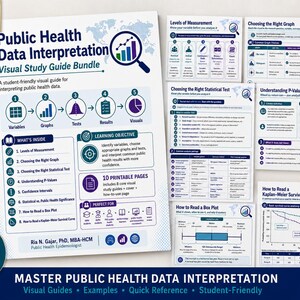 Könnte beinhalten: Ein digitales Download-Paket mit visuellen Studienführern zur Interpretation von Gesundheitsdaten. Das Hauptdokument enthält einen Titel, ein Lupensymbol mit einem Balkendiagramm und eine Liste von acht Themen, darunter Messniveaus und P-Werte.