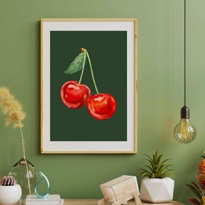 Cherry Wall Art Printable, Retro Fruit Poster, Red Cherries Kitchen Decor, Minimalist Wall Print, Instant Download