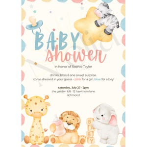 Invitación digital para baby shower con temática animal / Personalizada por el vendedor / Revelación de género / Colores neutros rosa y azul