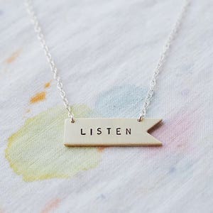 Listen Sterling Silver or Brass Necklace. Can Be Personalised. Custom Necklace. Banner Flag Pennant image 1