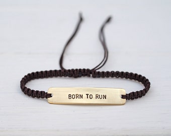 Born To Run Sterling Silver or Brass and Macramé Bracelet, Choice Of Colours Available. Fitness Friendship Bracelet