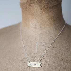 Listen Sterling Silver or Brass Necklace. Can Be Personalised. Custom Necklace. Banner Flag Pennant image 5