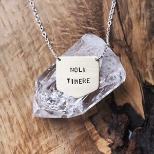 Noli Timere 'Do Not Be Afraid' Brass or Sterling Silver Shield Necklace - Can Be Personalised