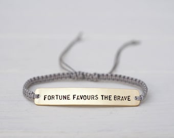 Fortune Favours The Brave Sterling Silver or Brass and Macramé Bracelet, Choice Of Colours Available. Friendship Bracelet