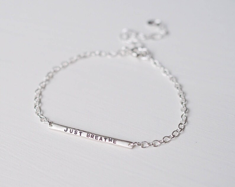 Just Breathe Sterling Silver Tiny Bar Bracelet, Delicate Mininalist Design, Can Be Personalised. Custom Bracelet. image 3