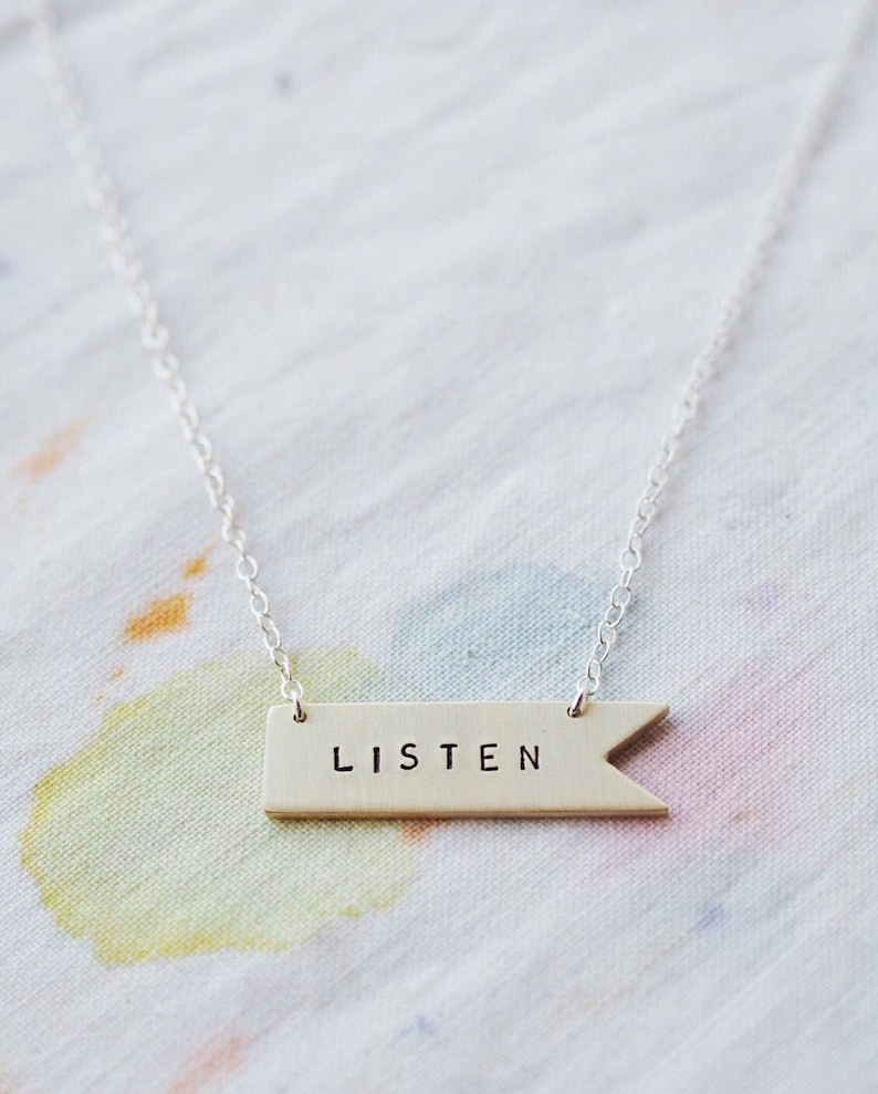 Listen Sterling Silver or Brass Necklace. Can Be Personalised. Custom Necklace. Banner Flag Pennant image 1