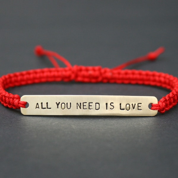 All You Need Is Love Brass or Sterling Silver & Macramé Bracelet, Choice Of Colours Available
