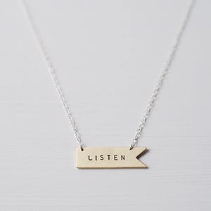 Listen Sterling Silver or Brass Necklace. Can Be Personalised. Custom Necklace. Banner Flag Pennant image 4