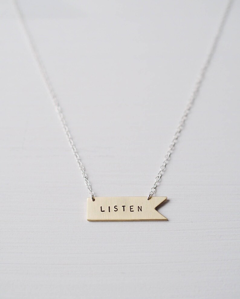 Listen Sterling Silver or Brass Necklace. Can Be Personalised. Custom Necklace. Banner Flag Pennant image 4