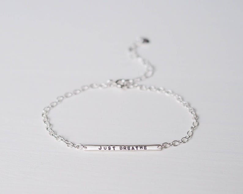 Just Breathe Sterling Silver Tiny Bar Bracelet, Delicate Mininalist Design, Can Be Personalised. Custom Bracelet. image 2