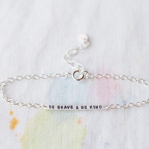 Be Brave & Be Kind Sterling Silver Tiny Bar Bracelet, Can Be Personalised. Custom Bracelet. image 1