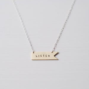Listen Sterling Silver or Brass Necklace. Can Be Personalised. Custom Necklace. Banner Flag Pennant image 2