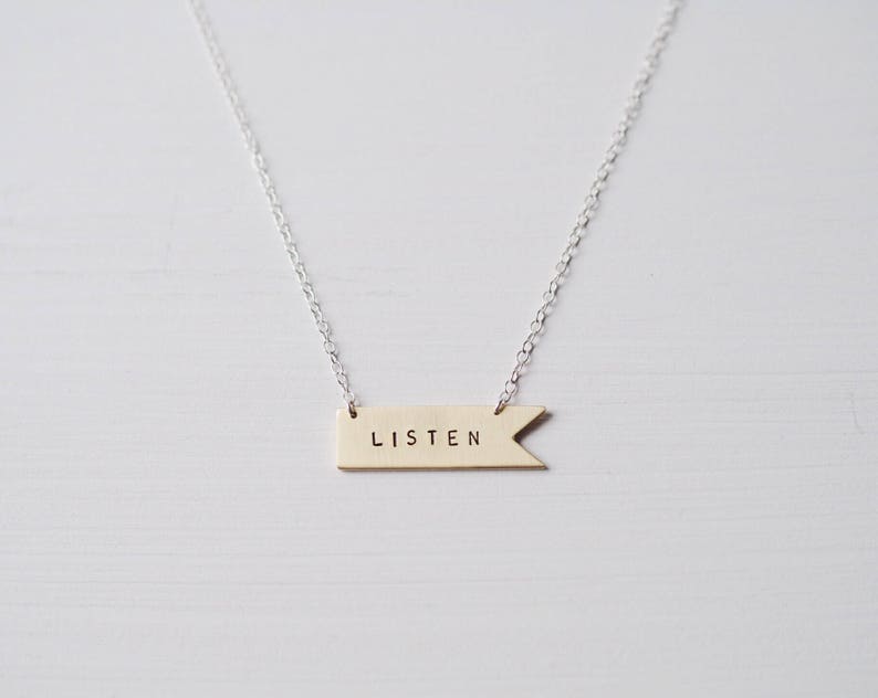 Listen Sterling Silver or Brass Necklace. Can Be Personalised. Custom Necklace. Banner Flag Pennant image 2