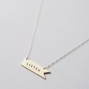 Listen Sterling Silver or Brass Necklace. Can Be Personalised. Custom Necklace. Banner Flag Pennant image 3