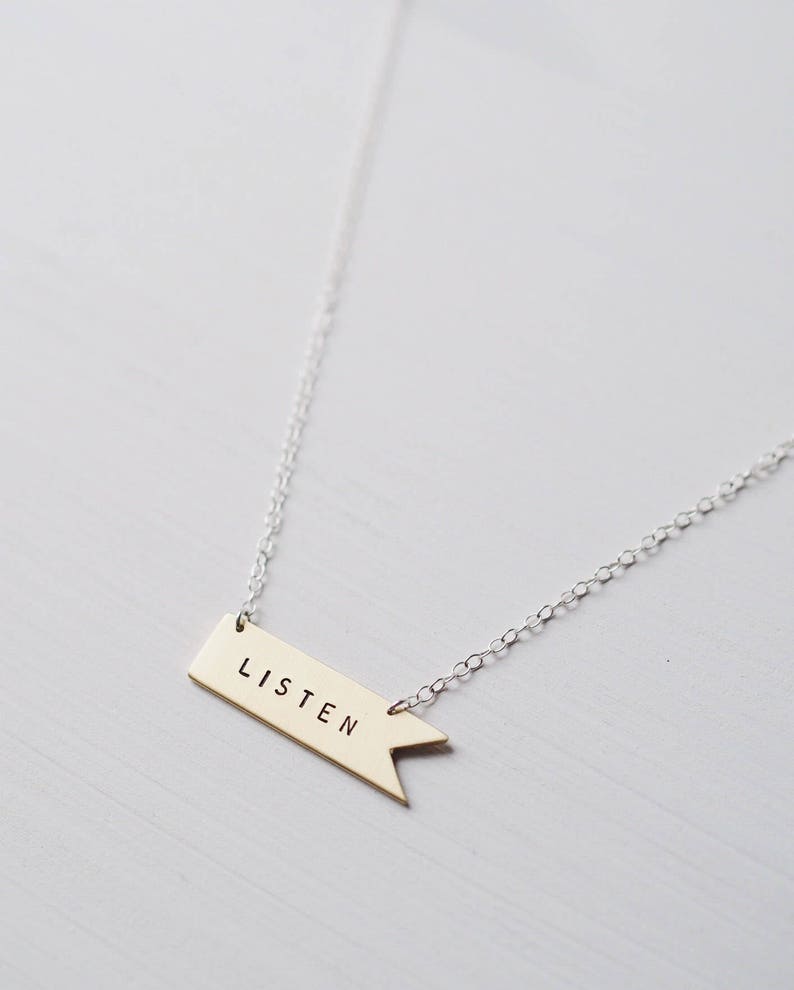 Listen Sterling Silver or Brass Necklace. Can Be Personalised. Custom Necklace. Banner Flag Pennant image 3