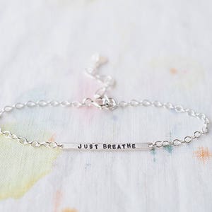 Just Breathe Sterling Silver Tiny Bar Bracelet, Delicate Mininalist Design, Can Be Personalised. Custom Bracelet. image 1