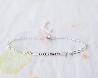Just Breathe Sterling Silver Tiny Bar Bracelet, Delicate Mininalist Design, Can Be Personalised. Custom Bracelet.