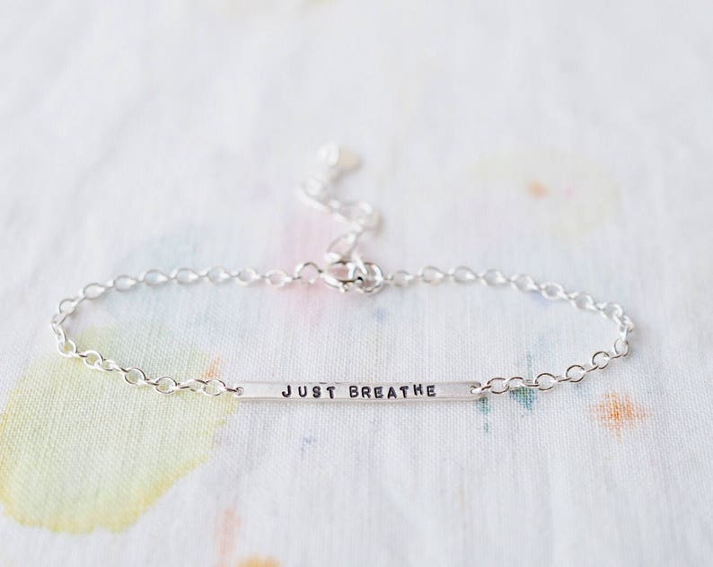 Just Breathe Sterling Silver Tiny Bar Bracelet, Delicate Mininalist Design, Can Be Personalised. Custom Bracelet. image 1