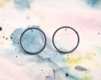 New Moon Silver Hoop Stud Circle Earrings Black Oxidised Silver