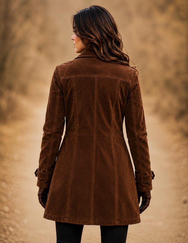 May include: A dark brown suede coat featuring a structured collar, long sleeves with buttoned cuff straps, and vertical seam detailing along the back. The coat has a mid-thigh length and a fitted silhouette, paired with dark brown leather gloves.