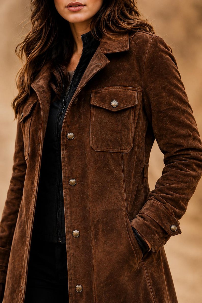 May include: A dark brown suede jacket featuring a collared neckline, long sleeves with buttoned cuffs, and two chest pockets with buttoned flaps. The front closure consists of a series of round metallic buttons, layered over a black zippered garment.