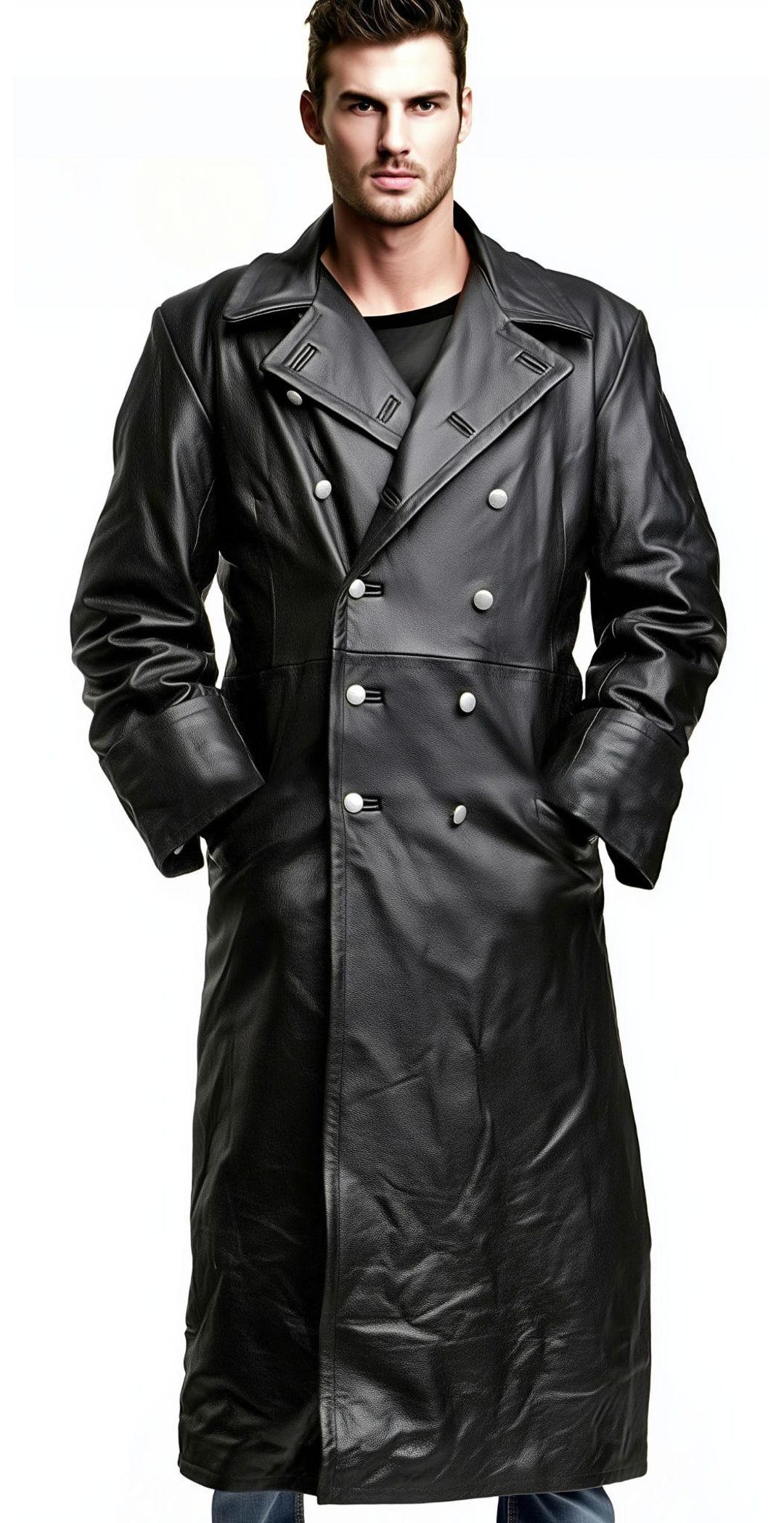 ジャケット・アウター vintage archive long coat Men's WW2 Officer Leather Trench Coat Double-breasted Long Jacket