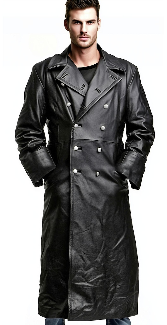 ジャケット・アウター noill vintage long leather trench coat Men's WW2 Officer Leather Trench Coat Double-breasted Long Jacket