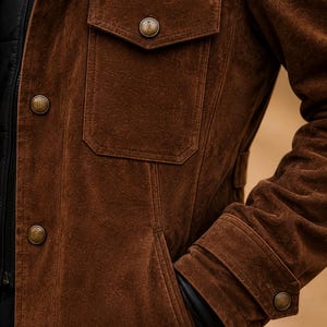 May include: A brown suede jacket featuring a subtle embossed paisley pattern, a chest pocket with a flap, and metallic buttons embossed with the letter B. The jacket includes a side pocket and a buttoned cuff detail, worn over a black garment.