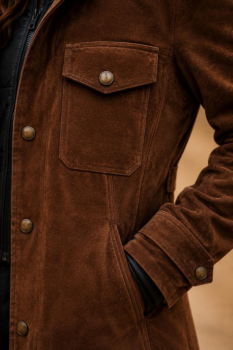 May include: A brown suede jacket featuring a subtle embossed paisley pattern, a chest pocket with a flap, and metallic buttons embossed with the letter B. The jacket includes a side pocket and a buttoned cuff detail, worn over a black garment.