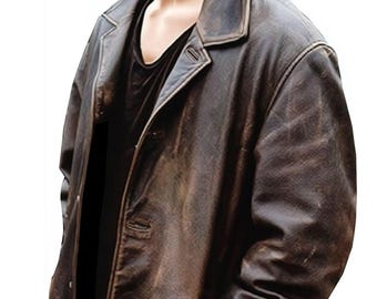 May include: A dark brown distressed leather jacket with a wide collar, long sleeves, and a button-front closure. The jacket features a weathered texture throughout the surface and is worn over a plain black scoop neck shirt.