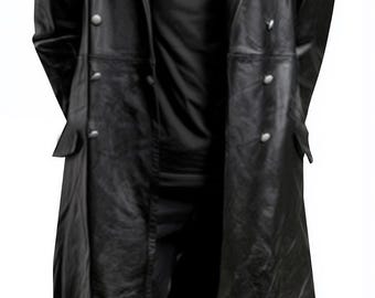 Men's WW2 Officer Leather Trench Coat Double-breasted Long Jacket