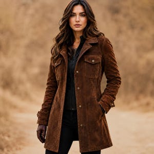 May include: A dark brown suede jacket featuring a collared neckline, long sleeves with buttoned cuffs, and a front button closure. The jacket includes two chest pockets with buttoned flaps and two side pockets, worn over a black zip-up garment.