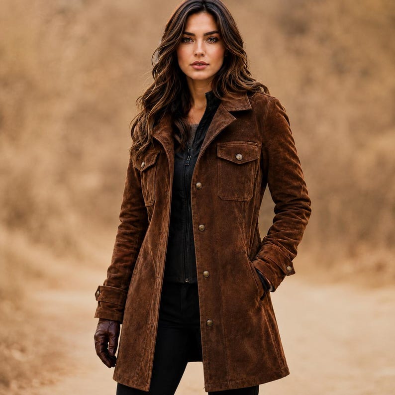 May include: A dark brown suede jacket featuring a collared neckline, long sleeves with buttoned cuffs, and a front button closure. The jacket includes two chest pockets with buttoned flaps and two side pockets, worn over a black zip-up garment.