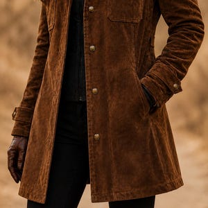 May include: A brown suede jacket featuring a button-up front, two chest pockets with buttoned flaps, and long sleeves with buttoned cuffs. The jacket is worn over a black zippered layer and black pants, with brown leather gloves visible.