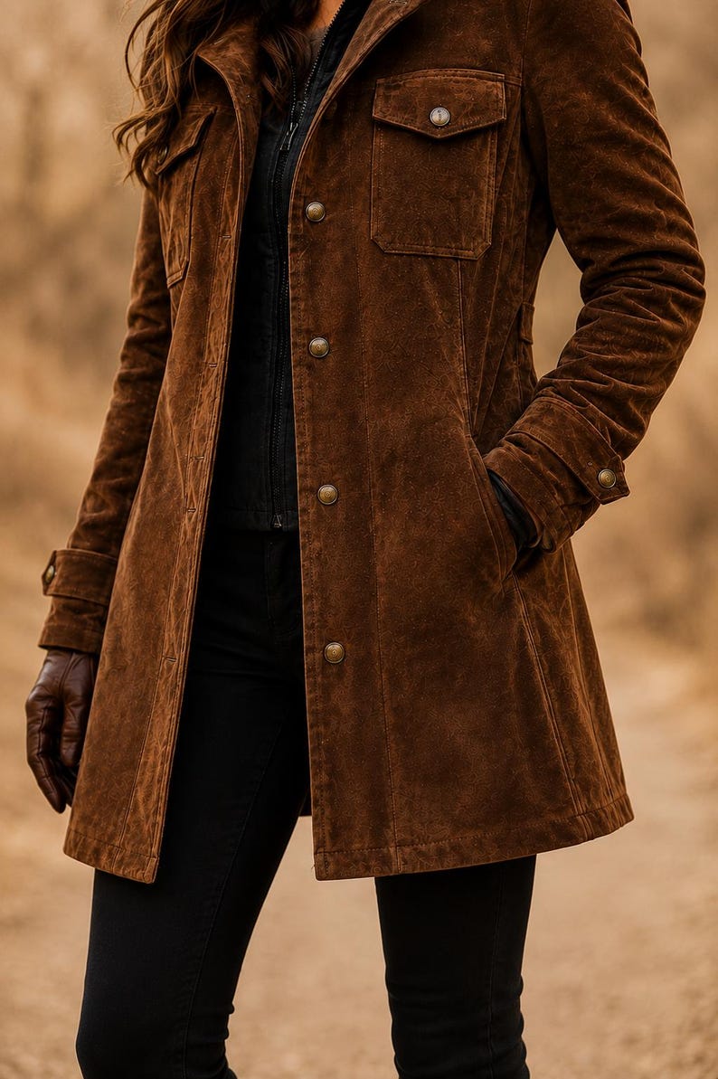May include: A brown suede jacket featuring a button-up front, two chest pockets with buttoned flaps, and long sleeves with buttoned cuffs. The jacket is worn over a black zippered layer and black pants, with brown leather gloves visible.