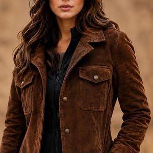 May include: A dark brown suede jacket featuring a collared neckline, a button-down front closure, and two chest pockets with buttoned flaps. The jacket is layered over a black zippered garment, showcasing a structured design with long sleeves.